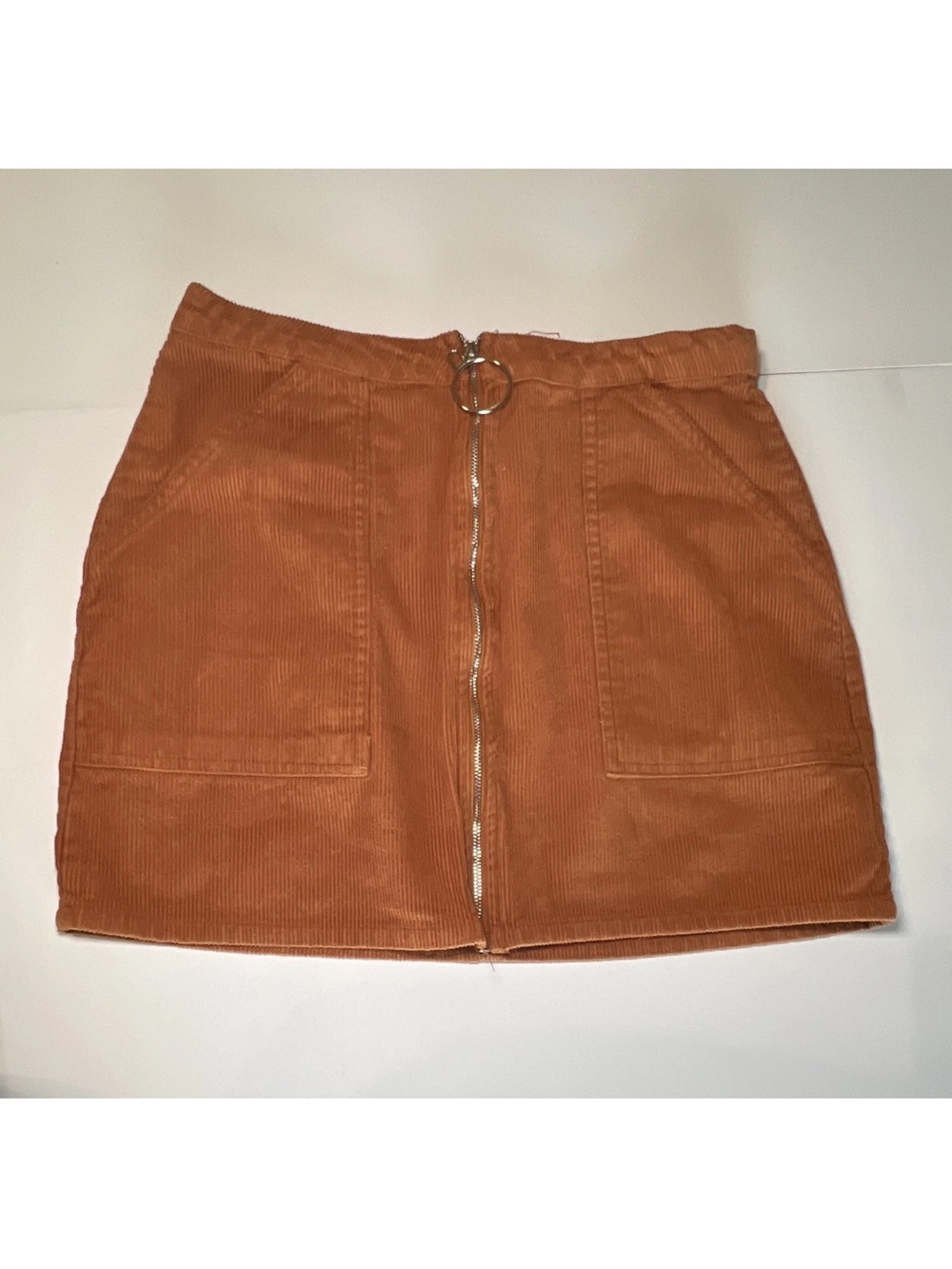 Chloe & Katie Women’s Brown Corduroy Mini Skirt M Solid Cotton Front Zip